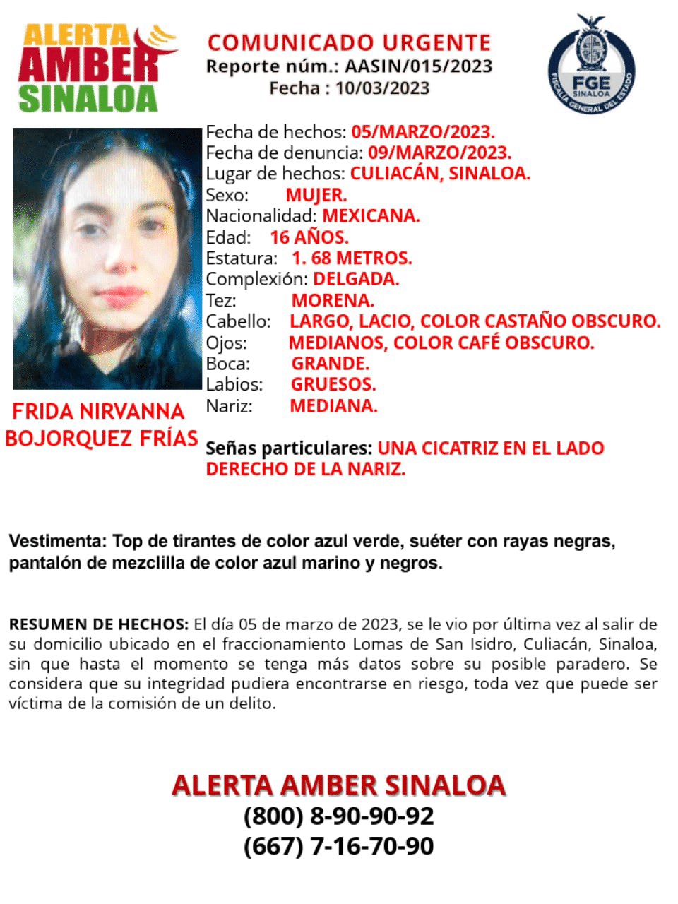 alerta amber, Culiacán, Frida Nirvanna Bojórquez Frías