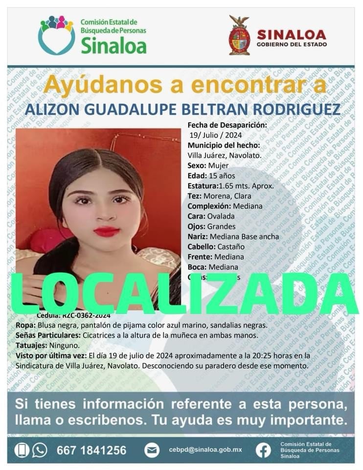 alizon Guadalupe, Desaparecida, localizada, Seguridad