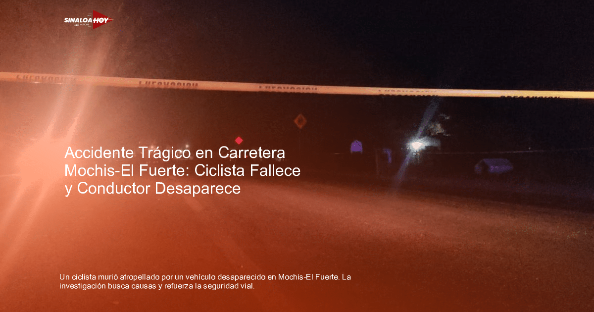 Carretera nocturna con cinta de precaución amarilla, luces de vehículos al fondo, relacionada con un accidente de ciclista.