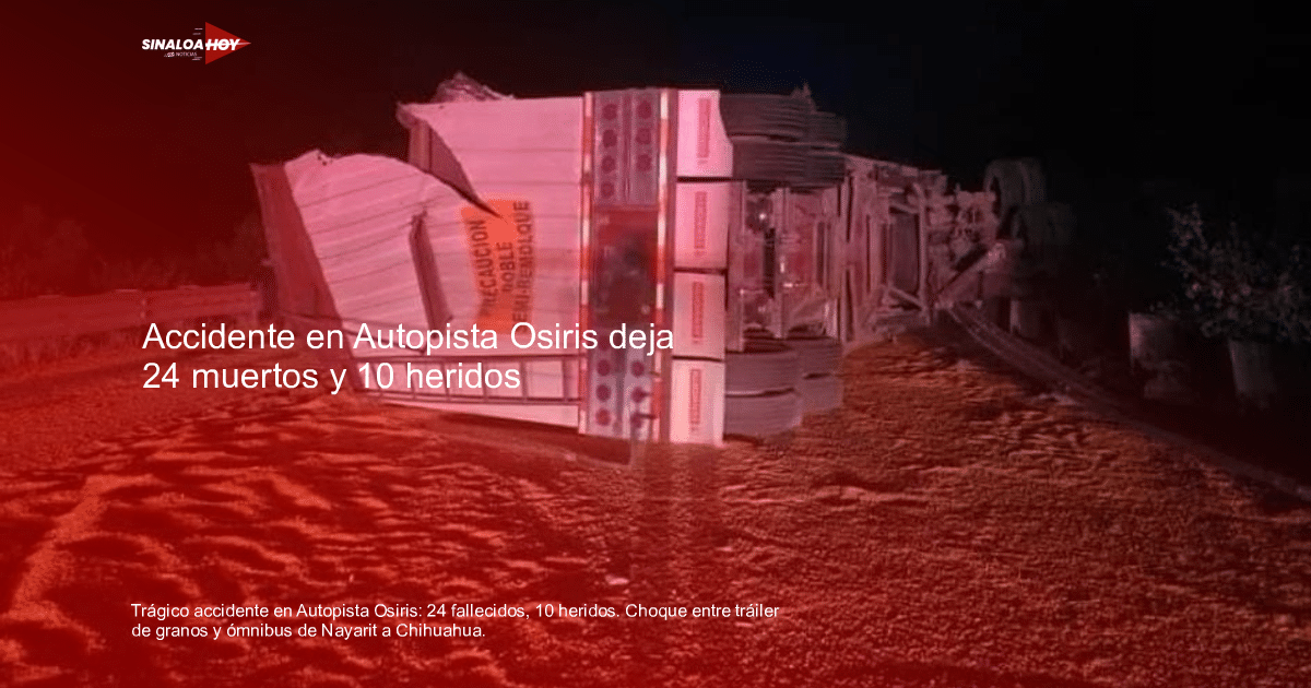 Camión volcado en la autopista Osiris con maíz derramado y luces de emergencia