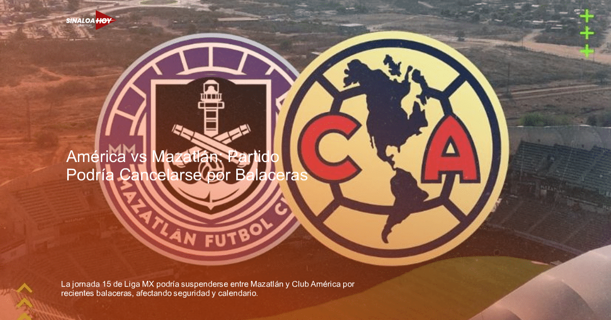 Logotipos de Mazatlán FC y Club América sobre un estadio de fútbol