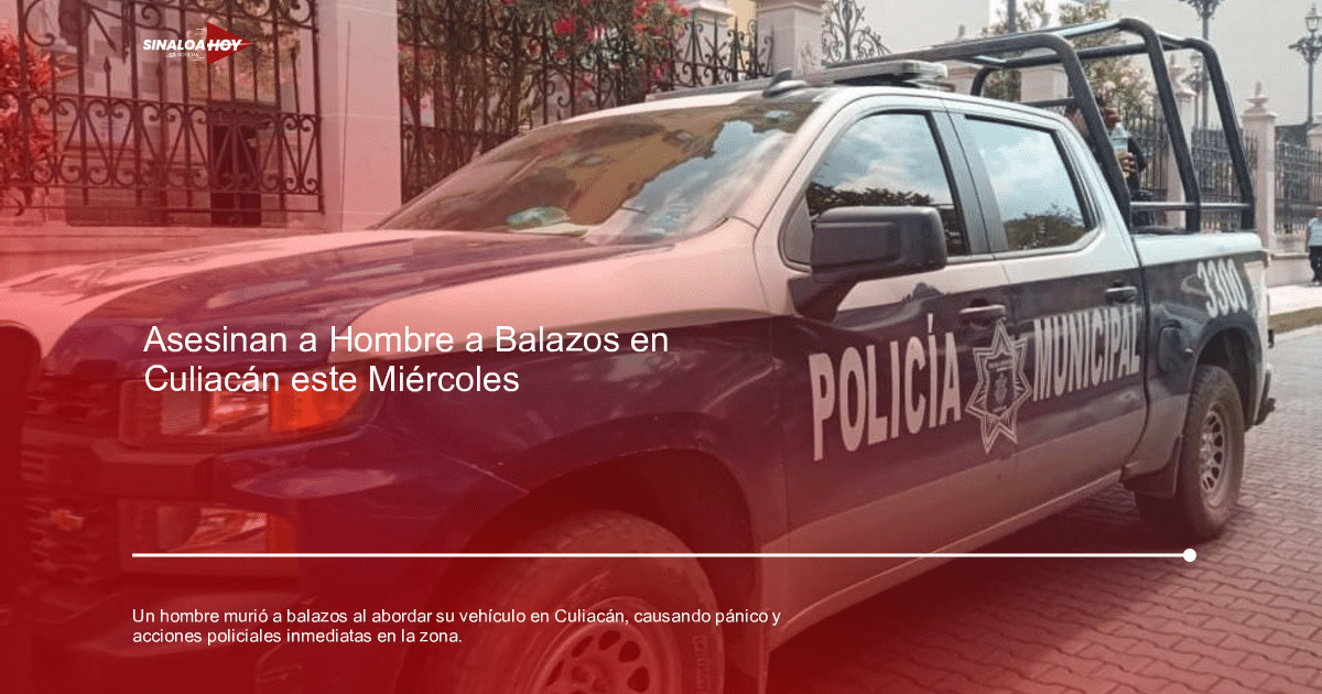 Camioneta de Policía Municipal de Culiacán estacionada cerca de una reja con vegetación al fondo.