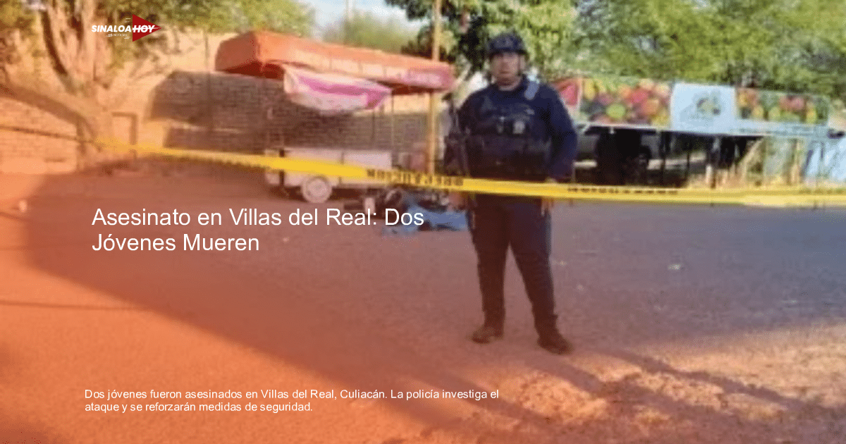 Oficial de policía frente a cinta de seguridad en escena de crimen en Villas del Real, Culiacán.