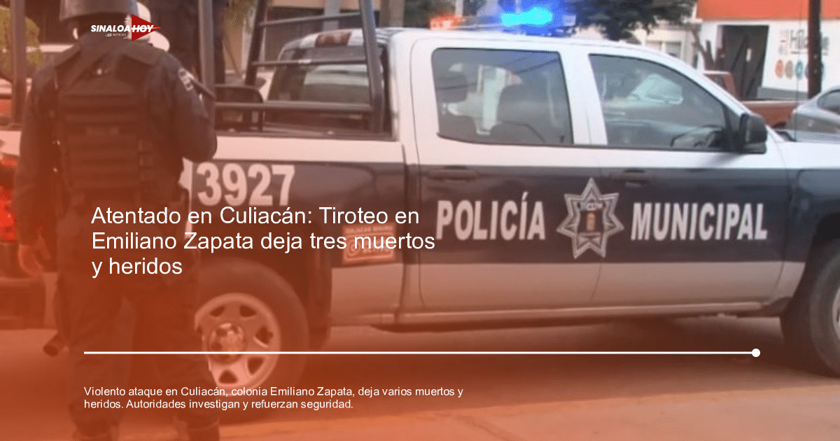 Camioneta de la policía municipal con luces encendidas y oficial de espaldas en Culiacán.