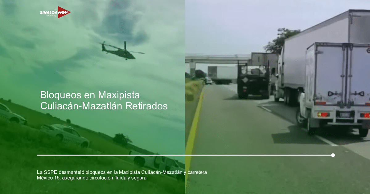 Helicóptero sobrevuela operativo de desbloqueo en la Maxipista Culiacán-Mazatlán con camiones en carretera.