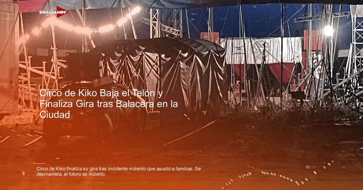 Imagen de un circo por la noche con tienda oscura, estructuras metálicas y luces tenues, reflejando un ambiente sombrío tras un incidente.