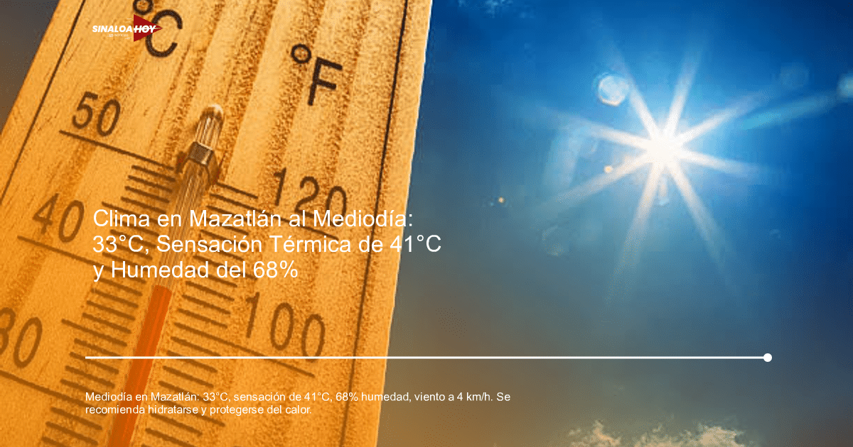 Termómetro mostrando temperatura cálida bajo un cielo azul y sol brillante en Mazatlán.