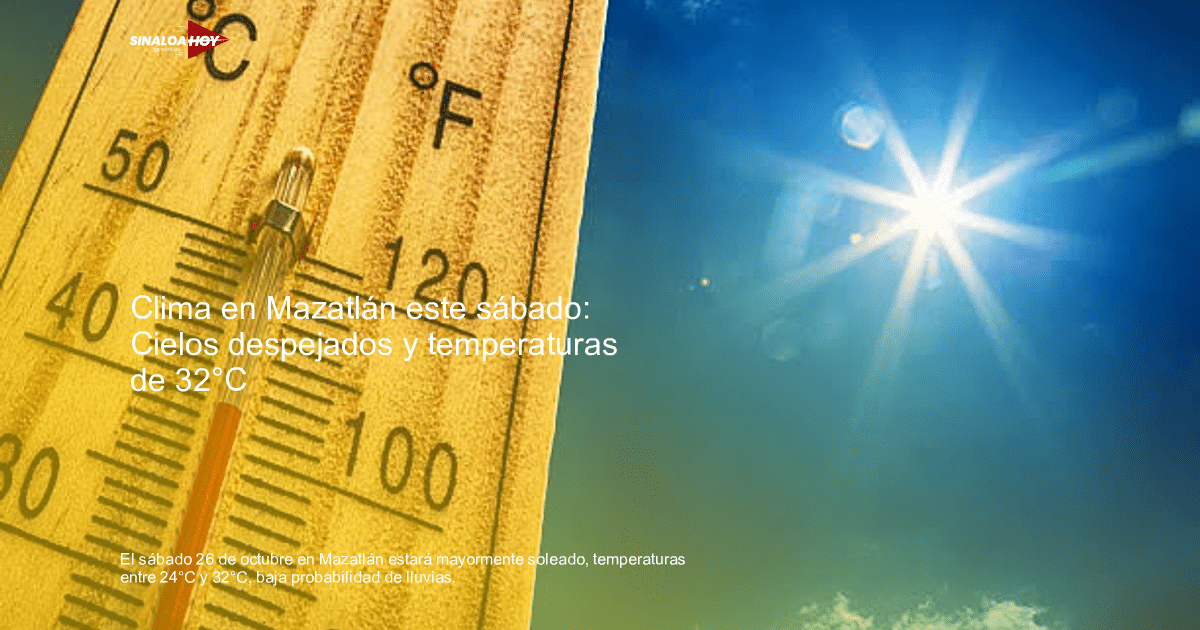 Termómetro con temperaturas en °C y °F bajo un cielo soleado en Mazatlán.