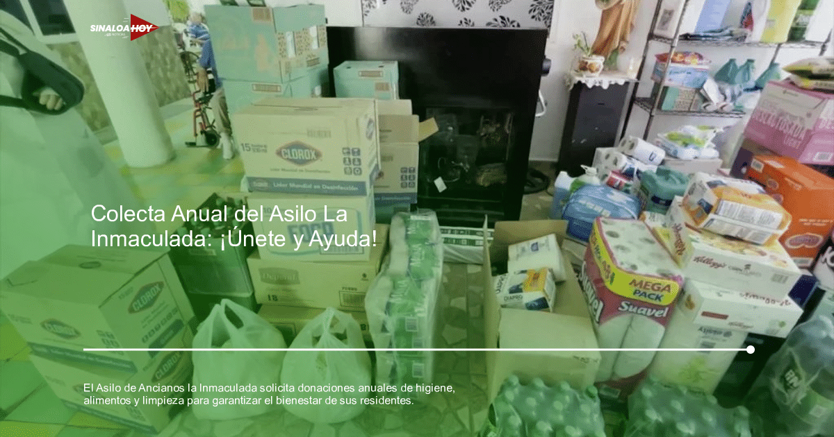 Cajas de productos de limpieza y alimentos apilados para donación en un espacio cerrado.