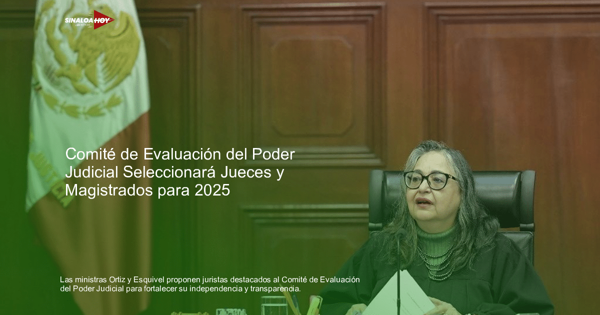 Ministra del Poder Judicial en sala de juzgados con toga y bandera mexicana de fondo.