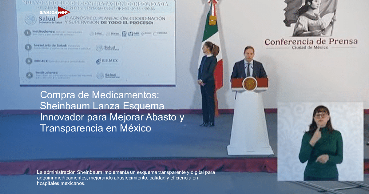 Hombre en podio con emblema del gobierno, mujer a su lado, pantalla de fondo sobre contratación de salud en México, intérprete de lengua de señas presente.