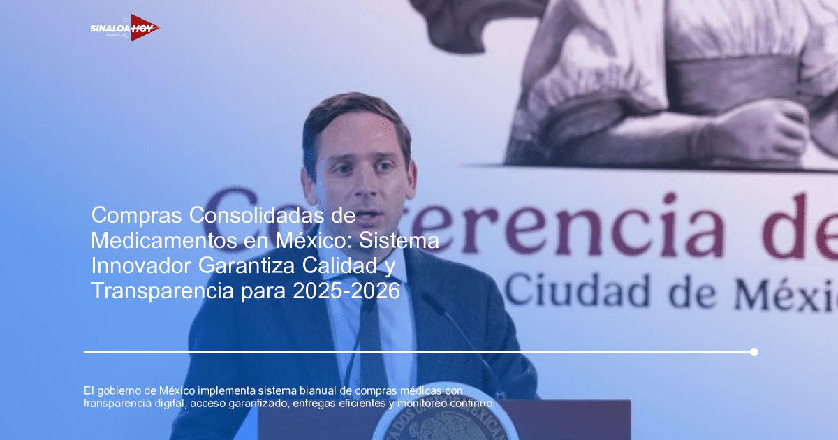 Hombre en traje hablando en conferencia de prensa en Ciudad de México sobre compras consolidadas de medicamentos.