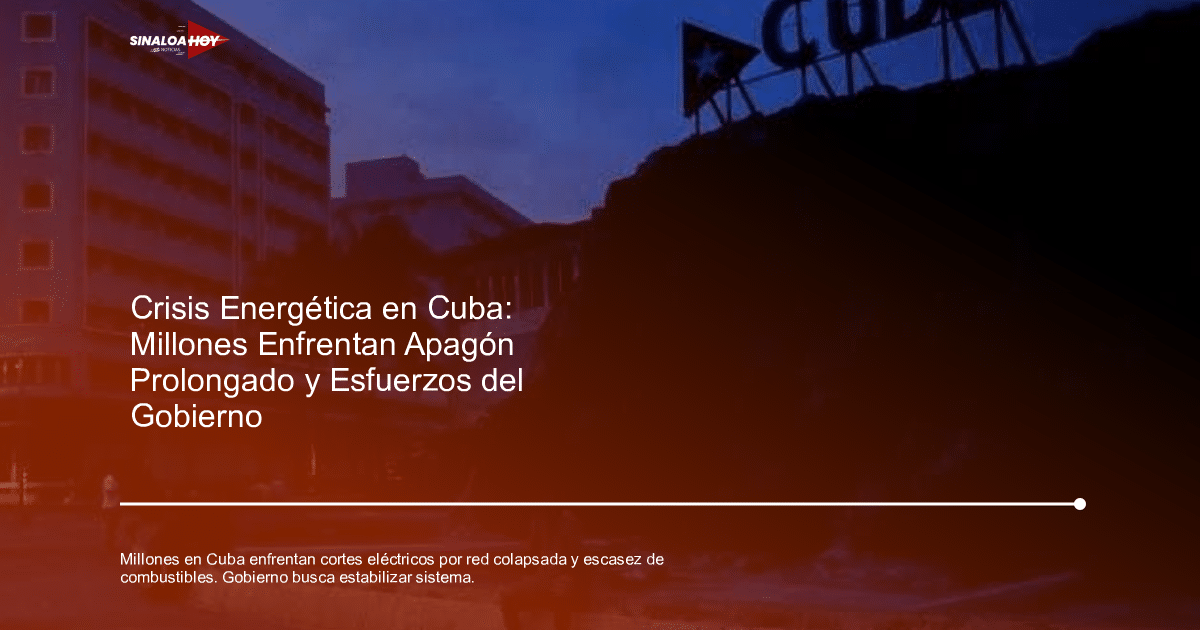 Vista nocturna de un edificio y una estructura rocosa con la señal 'CUBA', representando la crisis energética en la isla.