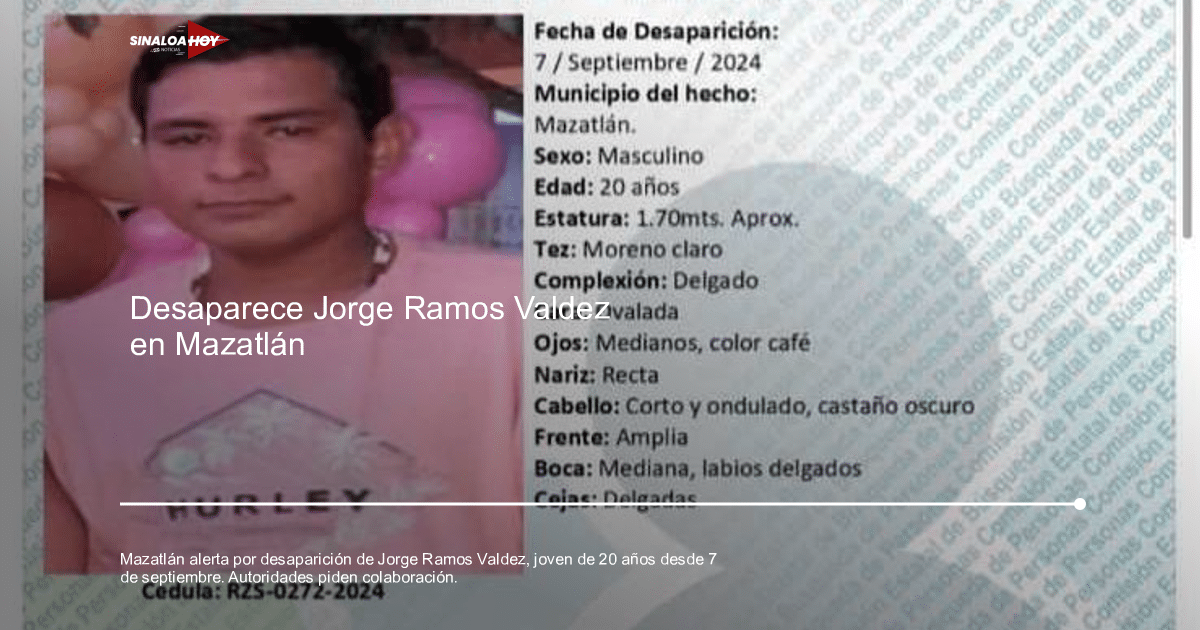 Cédula de identificación de Jorge Armando Ramos Valdez, joven desaparecido en Mazatlán.