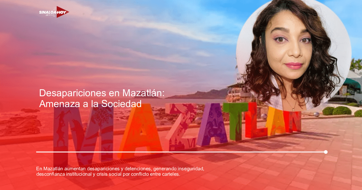 Imagen de Mazatlán con letras coloridas y un paisaje costero, reflejando la belleza y la situación de inseguridad.