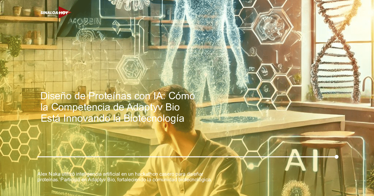 Hombre en cocina futurista con holograma humano y gráficos de biotecnología.