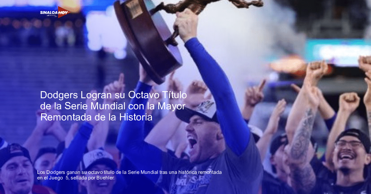 Grupo de personas celebrando la victoria de los Dodgers en la Serie Mundial, con un hombre levantando un trofeo.