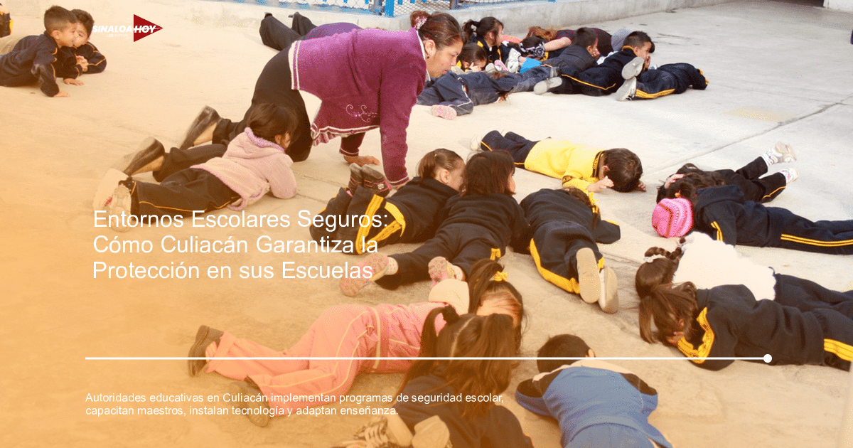 Niños en simulacro de seguridad escolar en Culiacán, supervisados por un adulto.