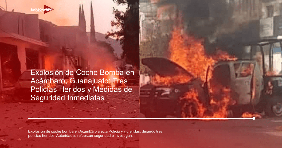 Escena de caos tras explosión de coche bomba en Acámbaro, Guanajuato, con vehículos en llamas y escombros.