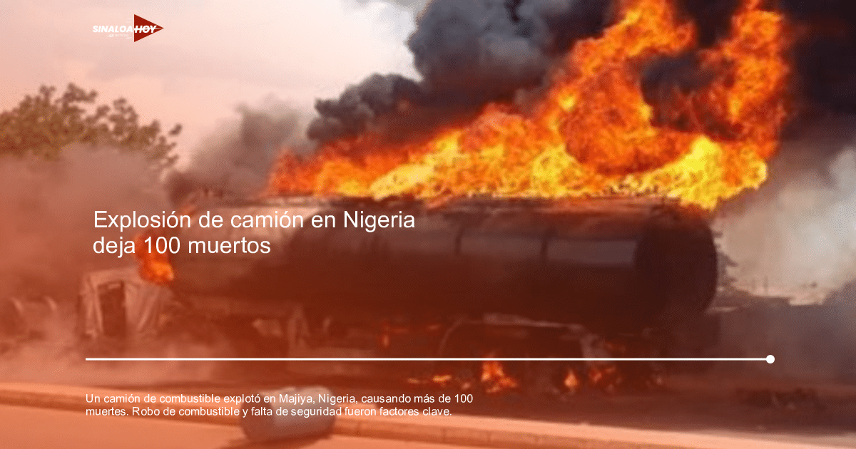 Camión cisterna en llamas emitiendo humo negro tras explosión en Majiya, Nigeria.