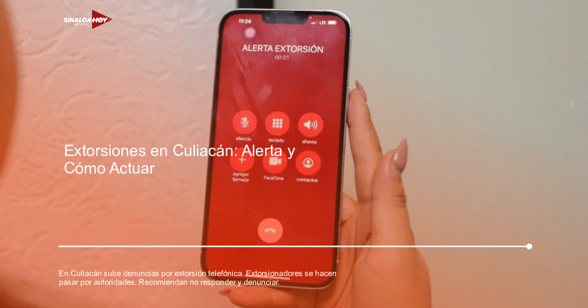 Pantalla de teléfono móvil con alerta de extorsión y fondo rojo, botones de llamada visibles.