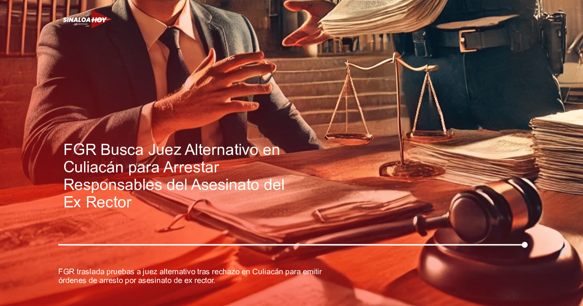 Abogado gesticulando en sala de tribunal con documentos, balanza de justicia y mazo de juez.