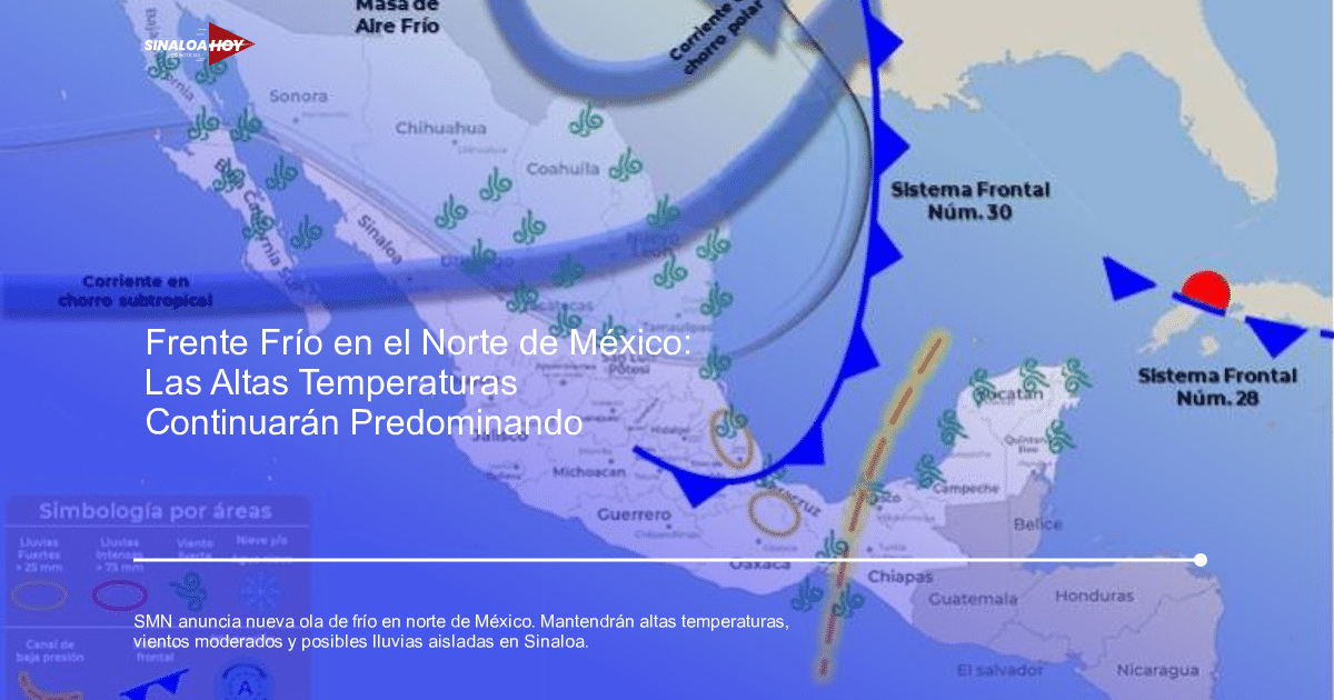 Mapa meteorológico de México mostrando frentes fríos y corrientes de aire