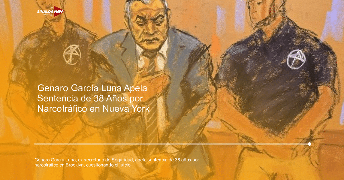 Dibujo de Genaro García Luna en corte, rodeado de agentes de seguridad, mostrando preocupación.