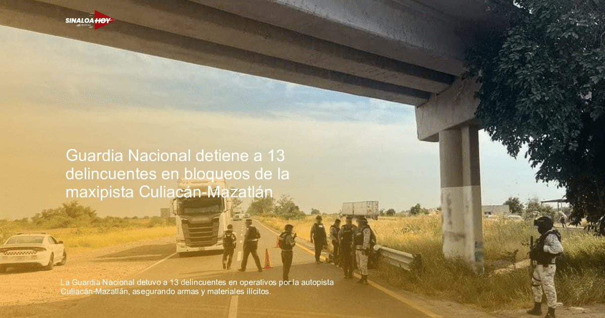 Operativo de seguridad en carretera con policías, camión detenido y patrulla en la Maxipista Culiacán-Mazatlán.