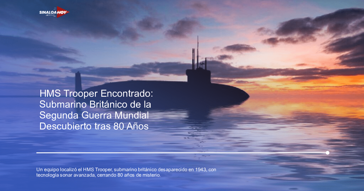 Silueta del submarino HMS Trooper al atardecer con reflejos de colores en el agua.