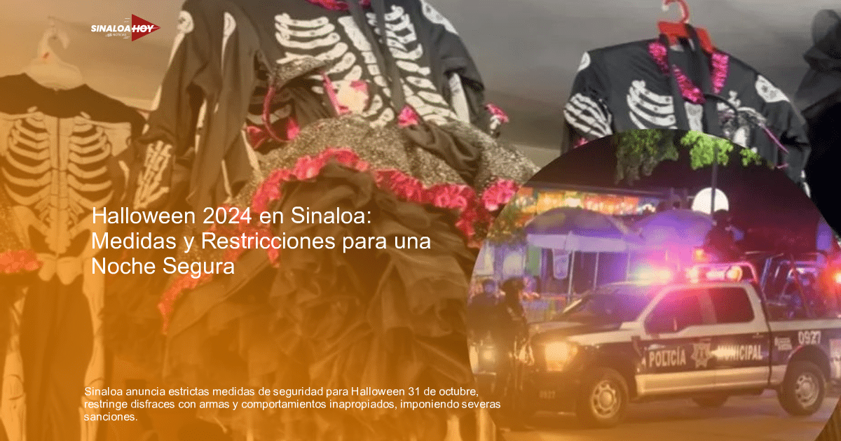 Disfraces de esqueleto y vehículo policial en escena nocturna de Halloween en Sinaloa.