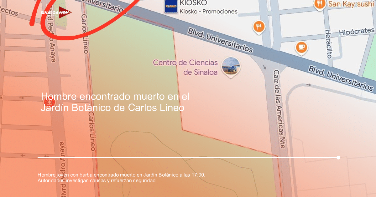 Mapa del Jardín Botánico y Centro de Ciencias de Sinaloa con calles y kiosko