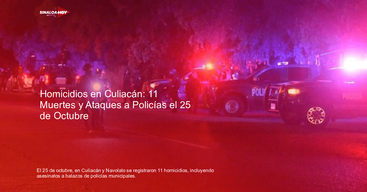 Escena nocturna con vehículos de policía y agentes en carretera de Culiacán, luces azules y rojas encendidas.