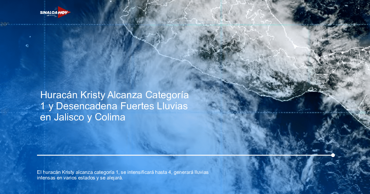 Imagen satelital del huracán Kristy acercándose a la costa de México, mostrando nubosidades densas y un patrón en espiral.