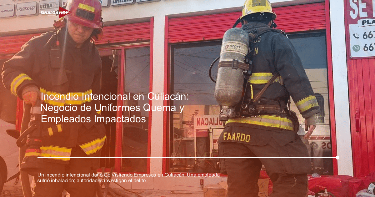 Bomberos en acción con manguera y equipo de respiración cerca de un edificio rojo.