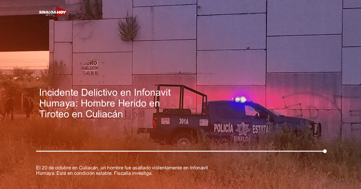 Camioneta de policía estatal de Sinaloa con luces encendidas en escena de crimen al atardecer.