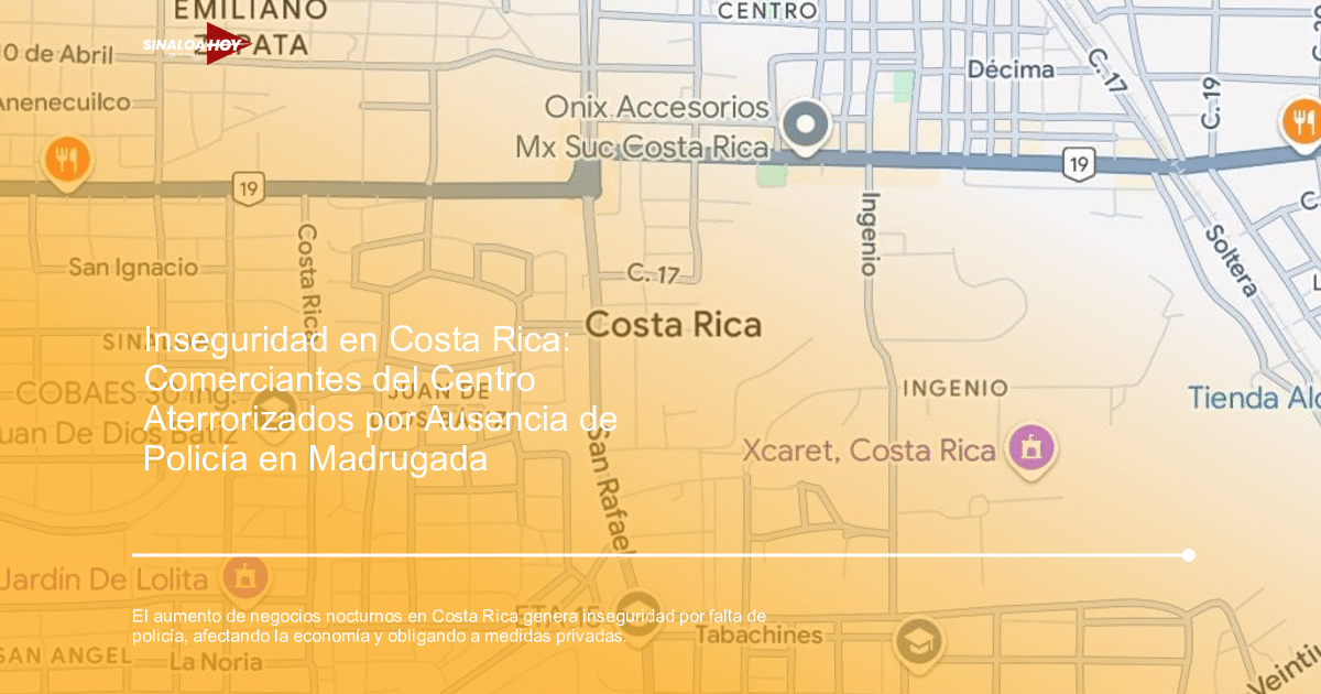 Mapa del centro de Costa Rica con calles, tiendas y puntos de interés destacados.