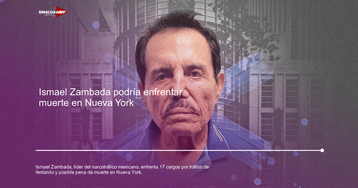 Retrato de Ismael 'El Mayo' Zambada en audiencia judicial con fondo de edificios difuminados.