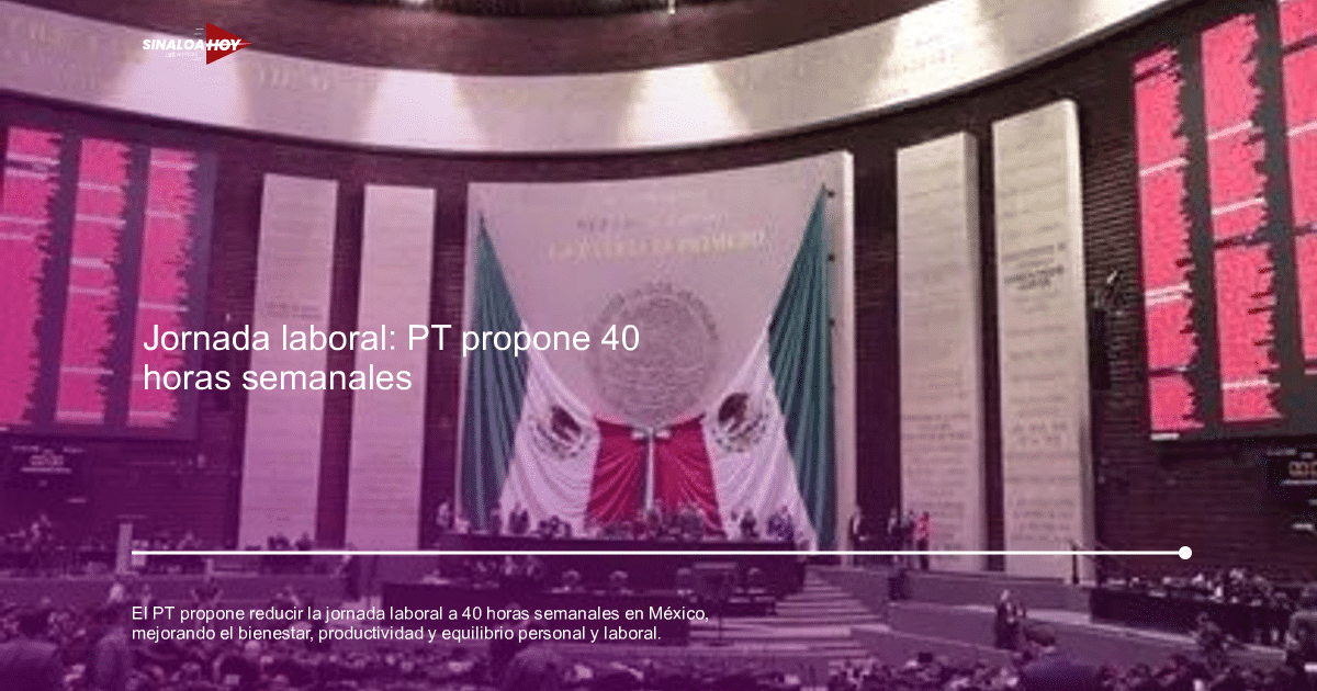 Interior de una asamblea legislativa en México con bandera mexicana y pantallas informativas, en el contexto de la propuesta del PT para reducir la jornada laboral.