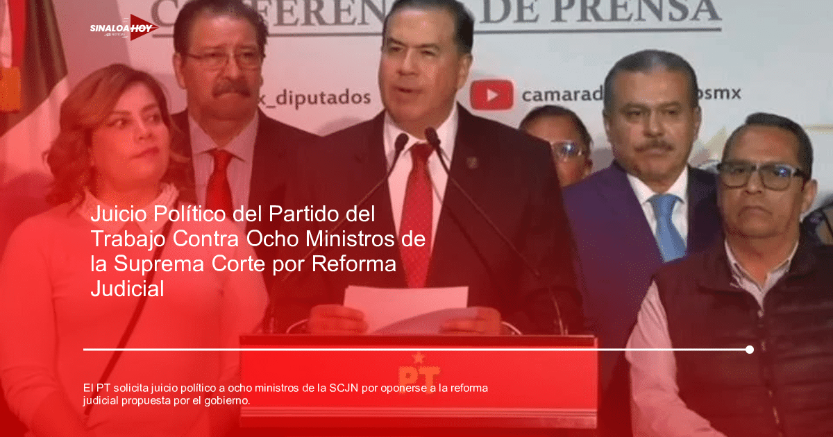 Portavoz del Partido del Trabajo en conferencia de prensa sobre juicio político a ministros de la SCJN, con bandera mexicana de fondo.
