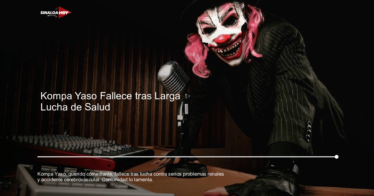 Payaso con máscara inquietante frente a un micrófono en un estudio oscuro, homenaje a Kompa Yaso.