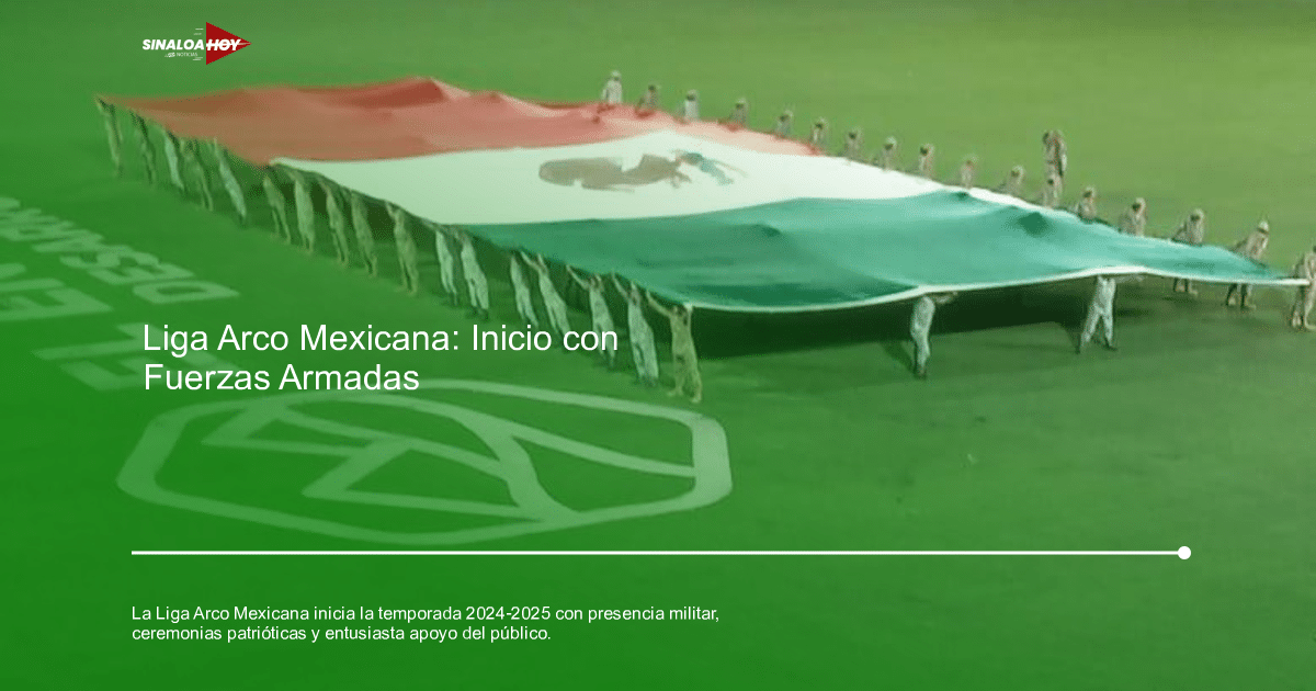 Militares sosteniendo una gran bandera de México en la inauguración de la Liga Arco Mexicana del Pacífico 2024-2025