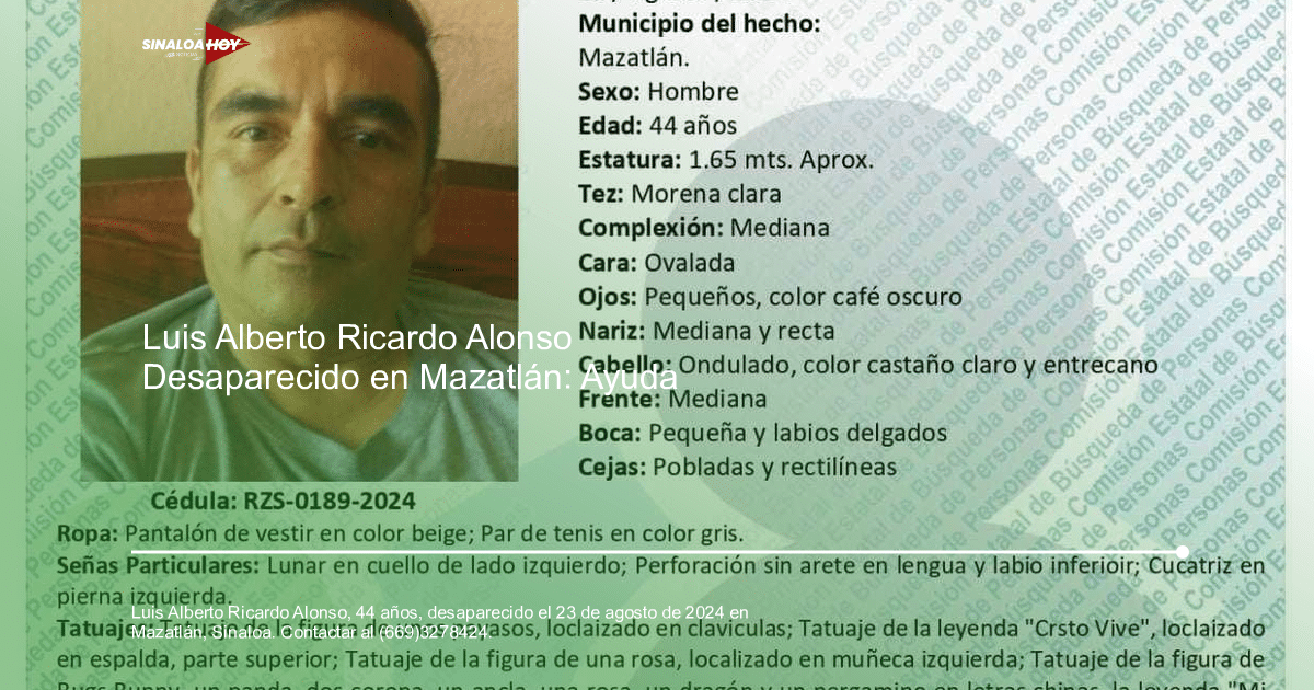 Documento de desaparición de Luis Alberto Ricardo Alonso con foto y descripción física.
