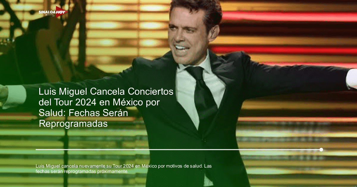 Luis Miguel sonriendo y extendiendo los brazos en el escenario, con decoraciones e instrumentos al fondo.