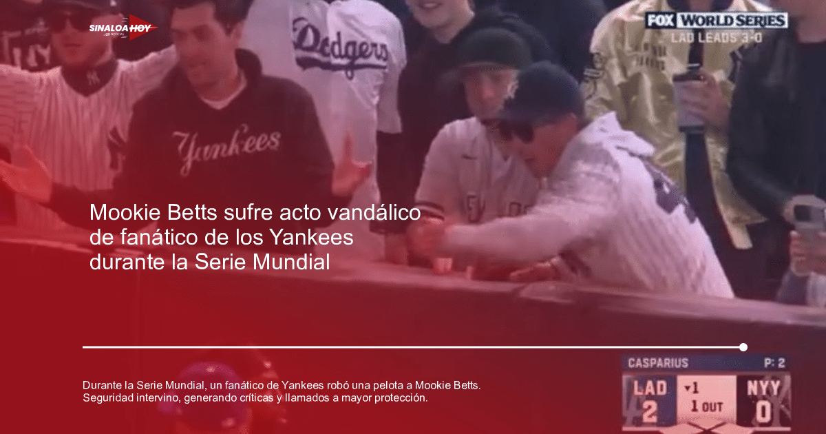 Aficionados de Yankees y Dodgers en un juego de béisbol, con marcador 2-0 a favor de los Dodgers.