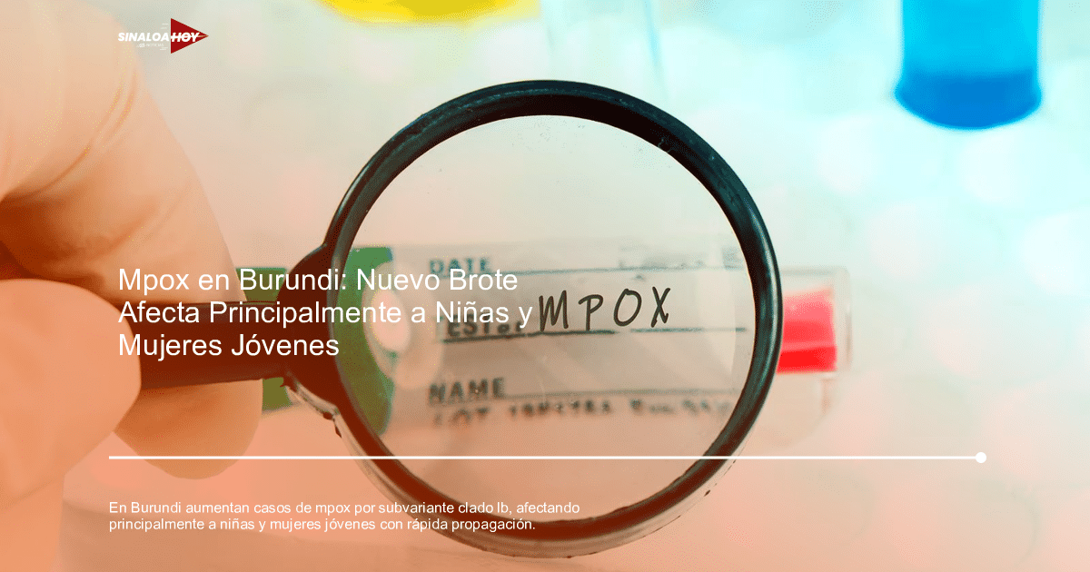 Mano con guante sosteniendo lupa sobre frasco de prueba con la palabra 'MPOX' en laboratorio.