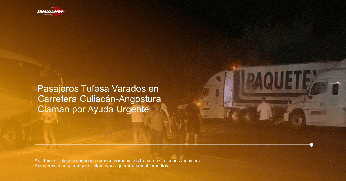 Pasajeros varados en la carretera junto a un camión PAQUETEX y un autobús Tufesa durante la noche.