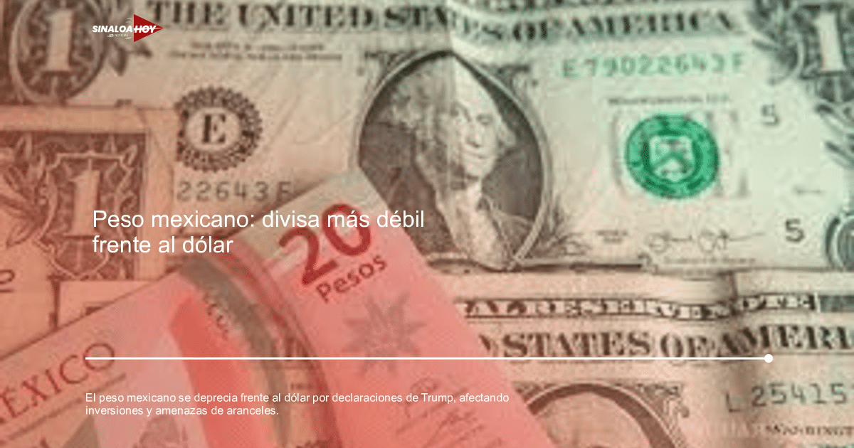 Billetes de un dólar estadounidense y 20 pesos mexicanos, representando la depreciación del peso frente al dólar.