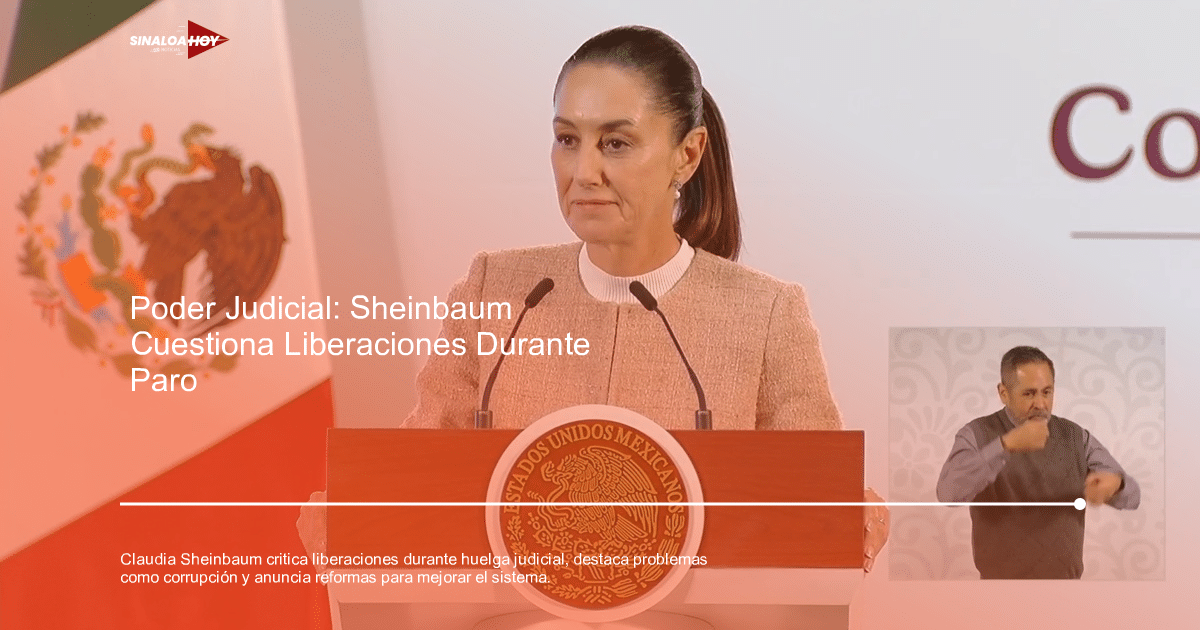 Claudia Sheinbaum en conferencia sobre reformas judiciales, con bandera mexicana y un intérprete de lenguaje de señas.