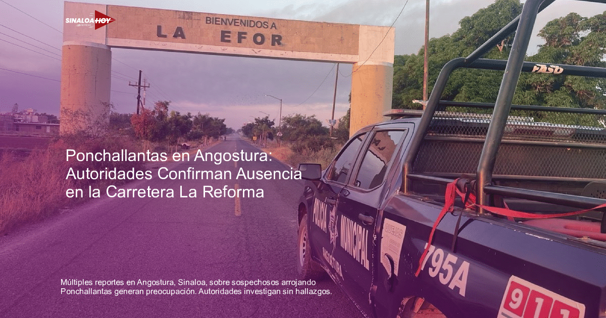 Carretera en Angostura con cartel de bienvenida y camioneta policial al amanecer.